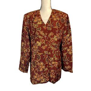Floral Blazer Jacket Burgundy Red Brown Print silk jacket‎ women size Medium